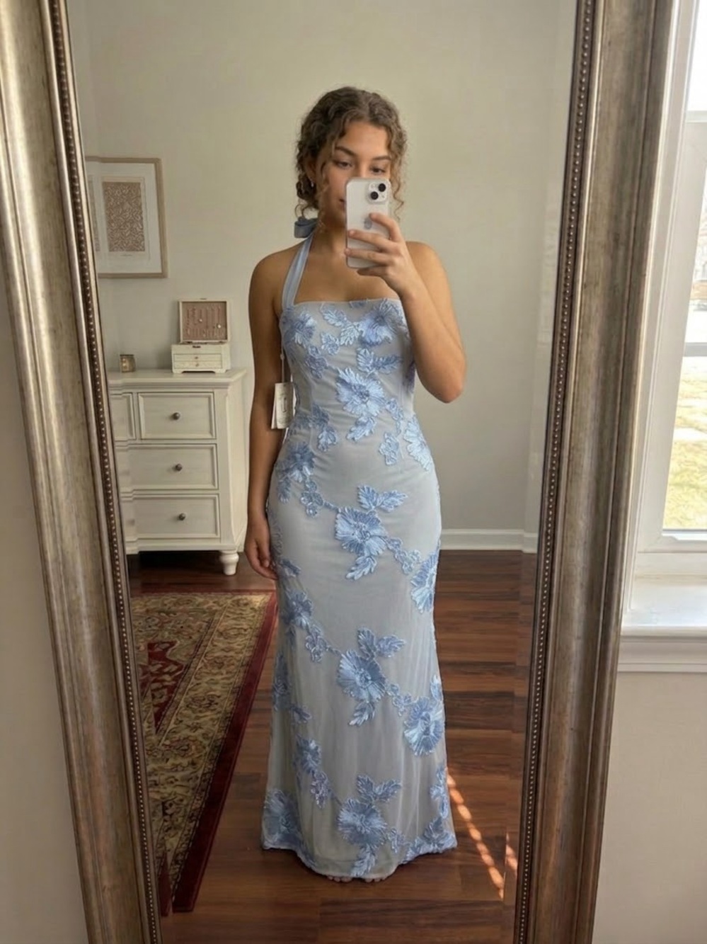 Light Blue Backless Halter Evening Gown with Floral Appliqué